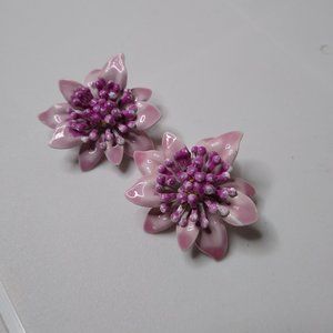 Vintage Pink Enamel Metal Flower Clip On Earrings